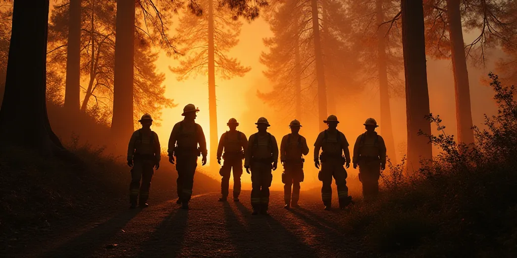 a group of fire fighters standing next to each other in front of a forest filled with trees and bush