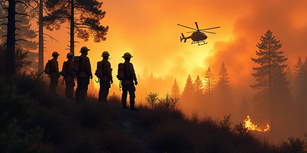 a group of firefighters standing on top of a hill next to a forest filled with trees and bushes whil