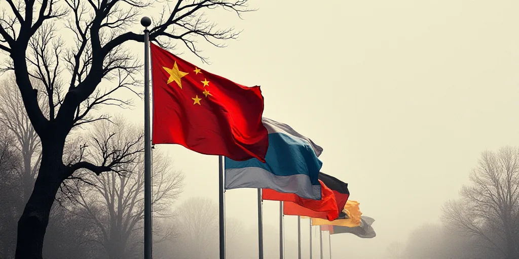 a group of flags flying next to each other on a pole in front of a tree filled sky with no leaves, D