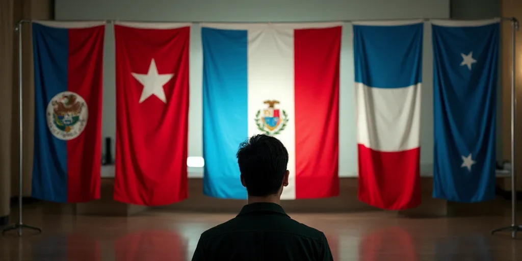 a group of flags that are hanging up in a room with a tv screen in the background and a man standing
