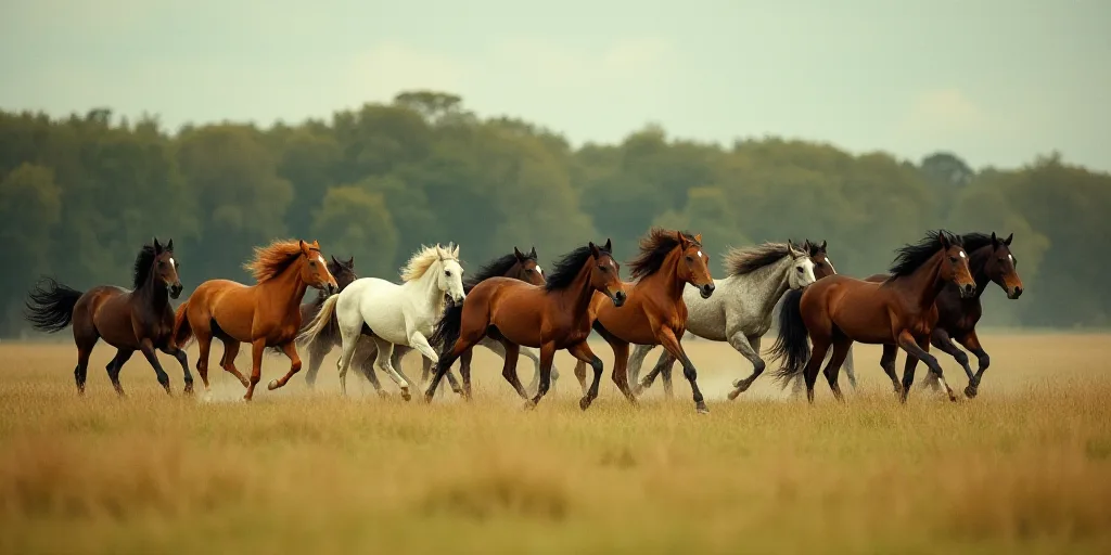 a group of horses running in a field of grass with trees in the background and a field of grass with