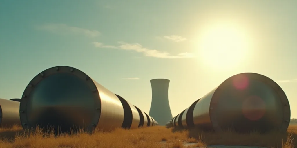 a group of large metal objects in the sun with a sky background and a building in the background wit