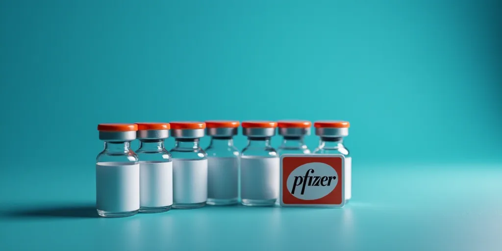 a group of medical vials sitting next to a sign that says pfizer on it and a blue background, Aquira