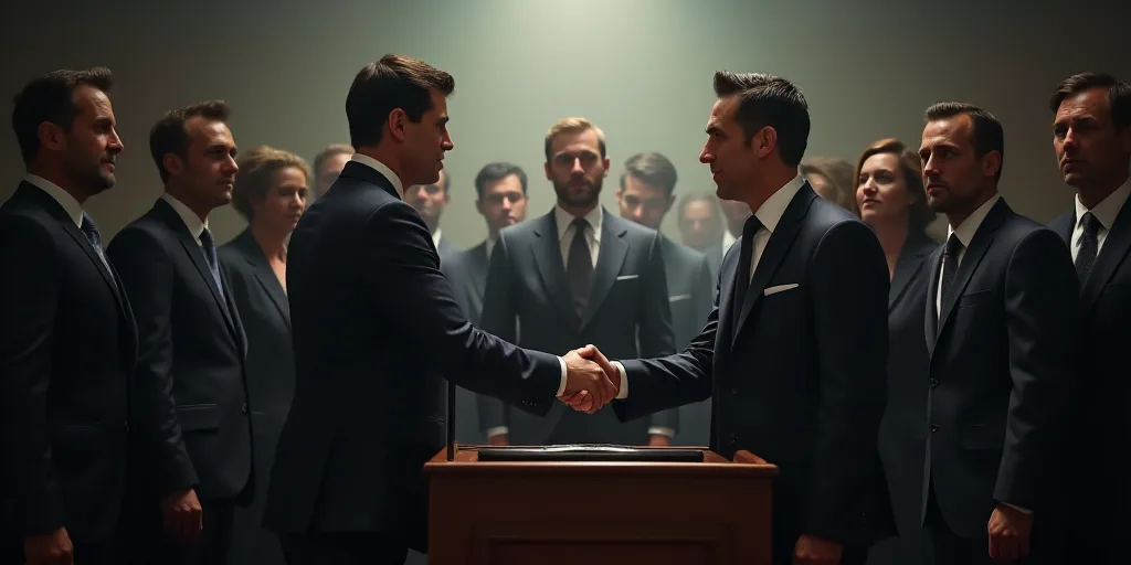 a group of men and women standing around a podium with a man in a suit shaking hands with a man in a