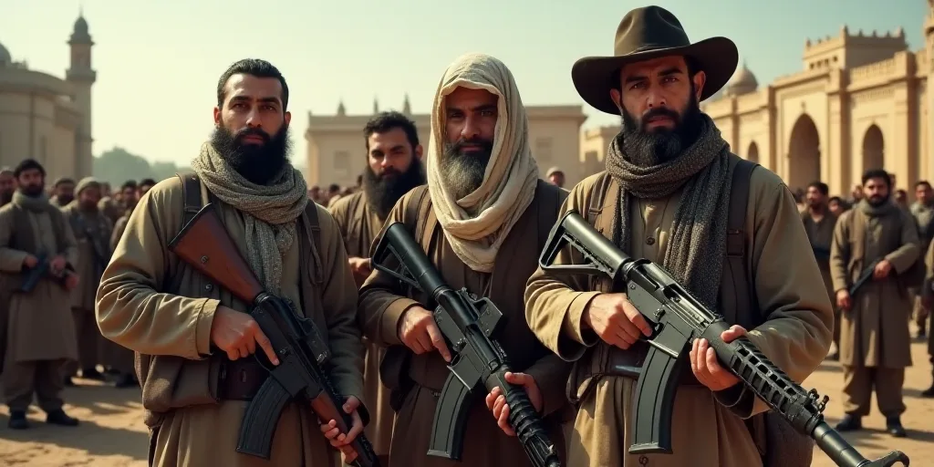a group of men holding guns and wearing scarves and standing in front of a building with a crowd of
