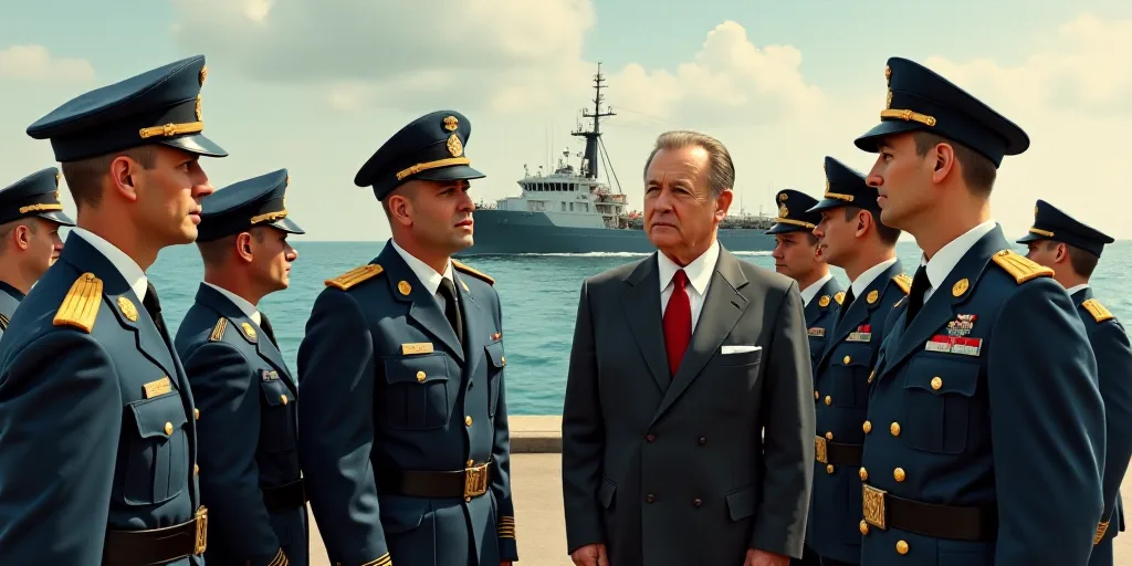 a group of men in military uniforms standing in front of a ship with a man in a suit and tie, Carl G