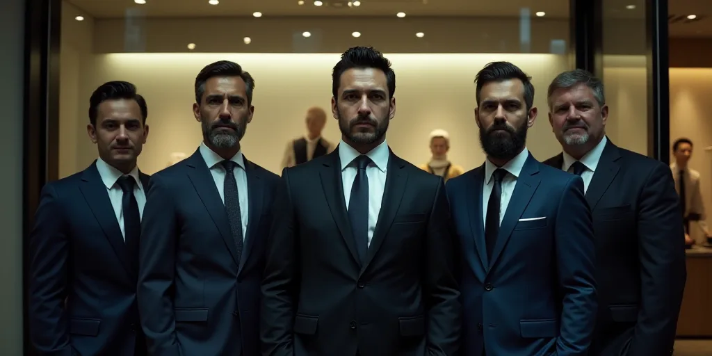 a group of men in suits and ties standing in front of a window with a glass display behind them, Car