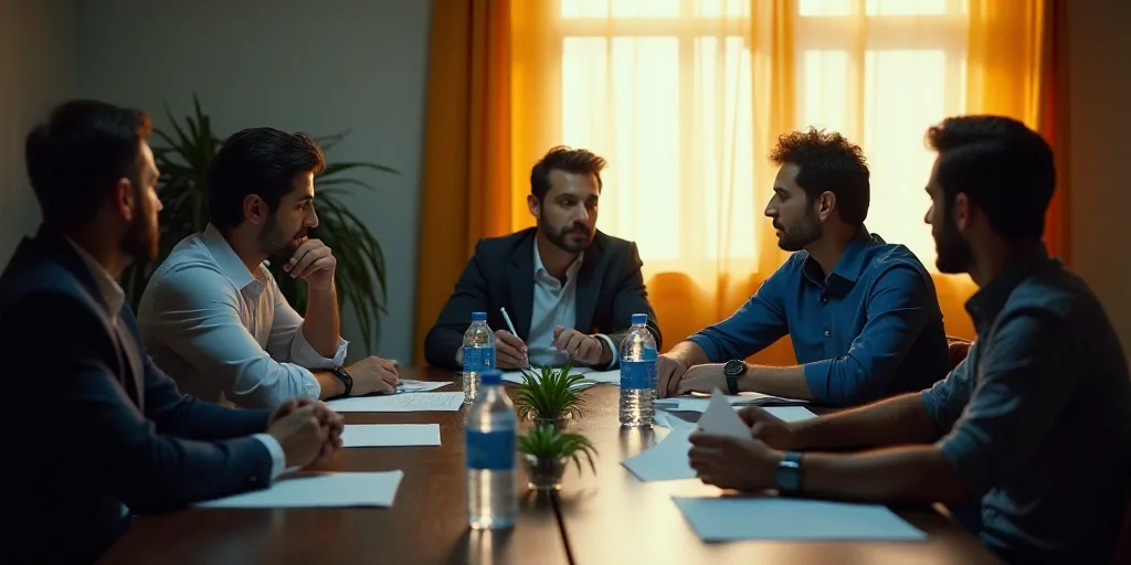 a group of men sitting around a table with water bottles on it and papers on the table in front of t