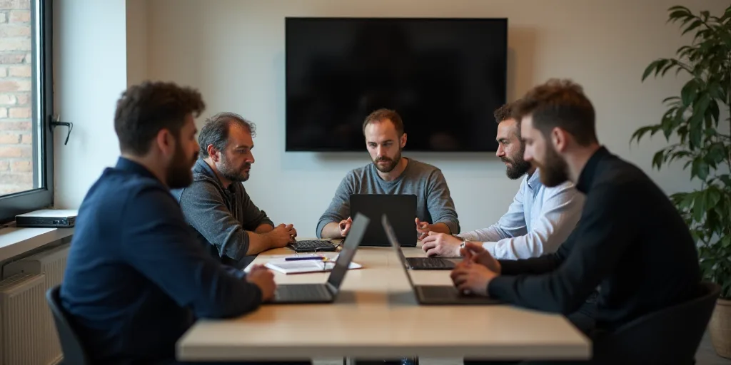 a group of men sitting around a table with laptops and a tv on the wall behind them,, Antonie Palame