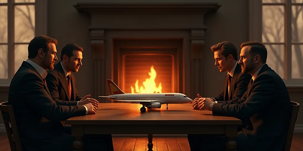 a group of men sitting around a table with a model airplane on it's table top in front of a fireplac