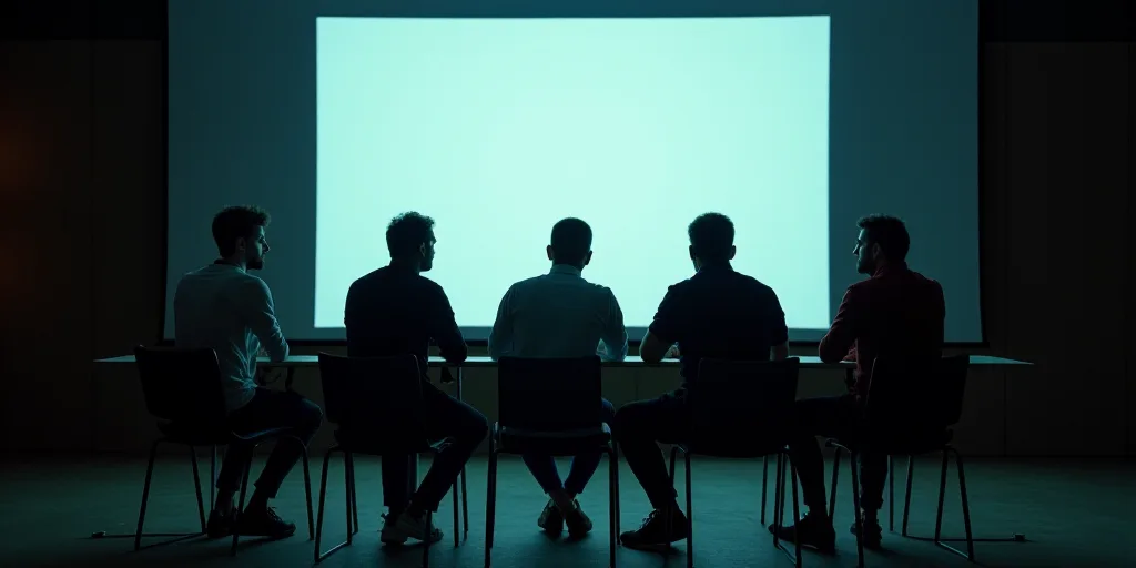 a group of men sitting at a table in front of a screen with a projector screen behind them, Aquirax