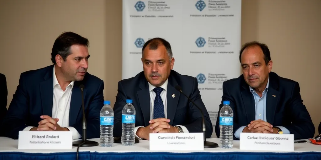 a group of men sitting at a table with water bottles and microphones in front of them and a sign beh