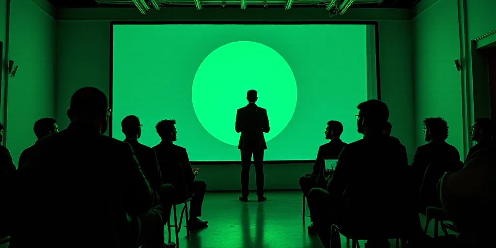 a group of men sitting in front of a screen with spotify on it's screen and a man in a suit standing