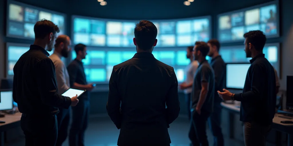 a group of men standing around a room with lots of monitors on the wall behind them and a man holdin