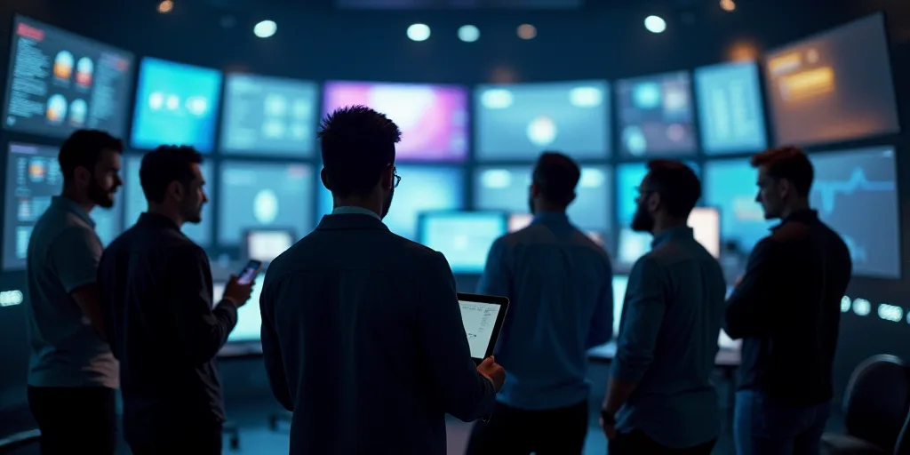 a group of men standing around a room with lots of monitors on the wall behind them and a man holdin