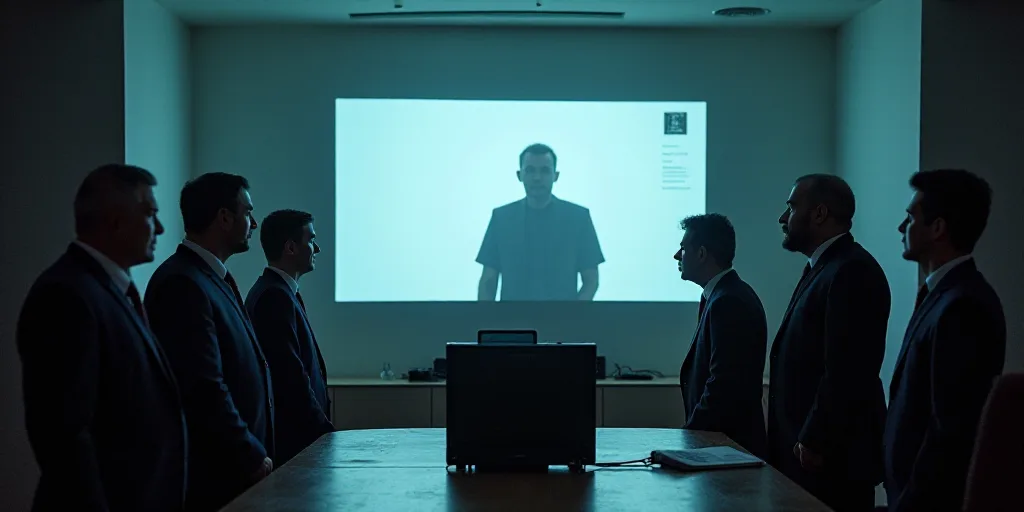a group of men standing at a table with a tv in front of them and a screen in front of them, Carlos