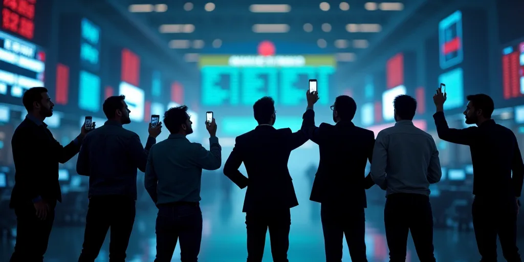 a group of men standing in front of a stock market floor looking up at their phones and pointing to