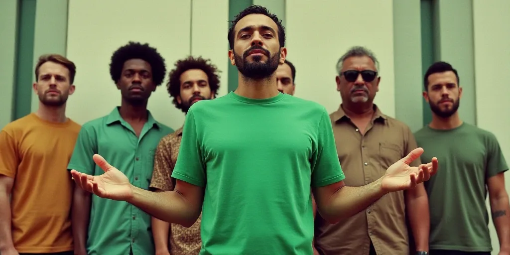 a group of men standing next to each other in front of a building with their hands out and one man w