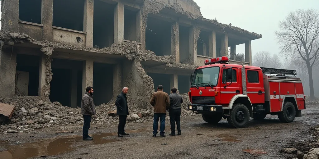 a group of men standing next to a fire truck in front of a building that has been destroyed and is b