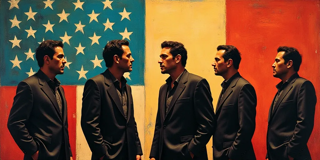 a group of men standing next to each other in front of a painting of a mexican american flag and a f