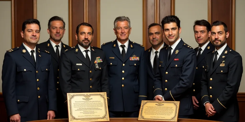 a group of men standing next to each other in front of a table with two plaques on it and two men in