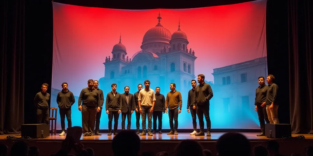 a group of men standing on a stage in front of a banner with a building on it and a red and blue bac