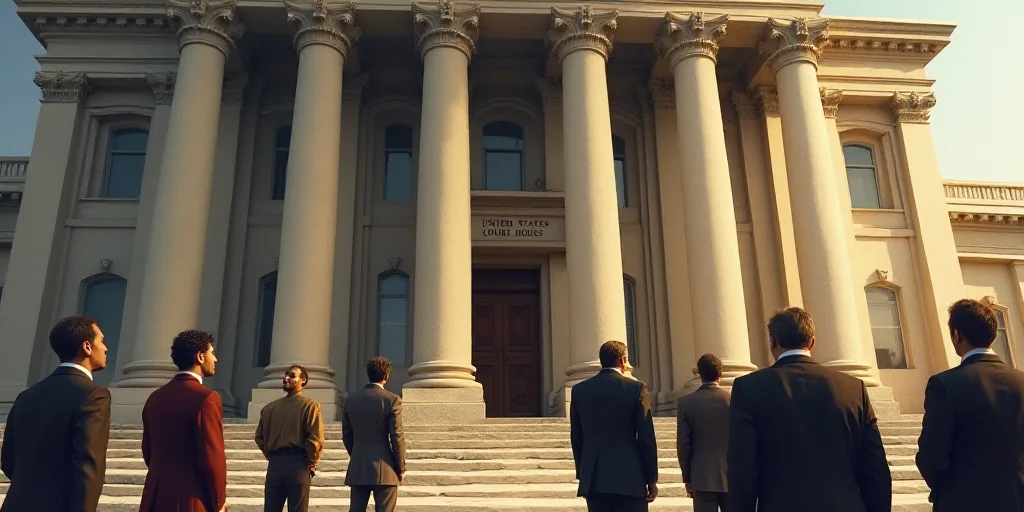 a group of men standing outside of a building with a sign that says united states court house on it,