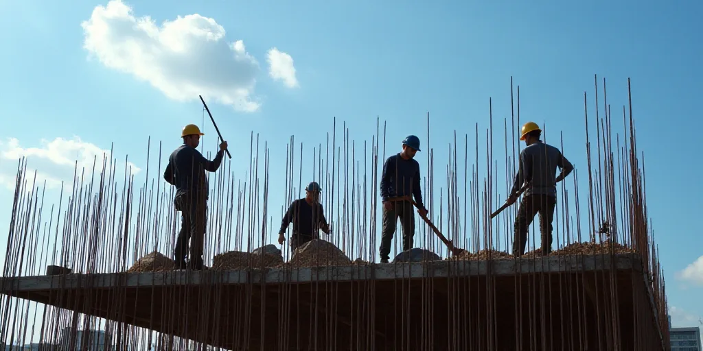 a group of men working on a building under construction with lots of steel rods in the foreground an