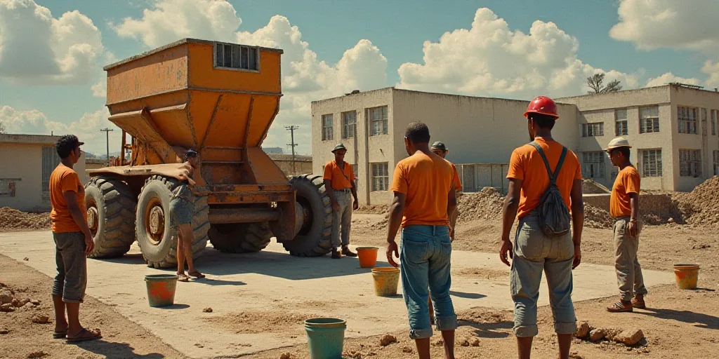 a group of men working on a construction site with buckets and a machine in the background and a bui
