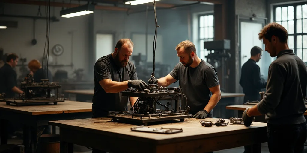 a group of men working on a machine in a factory with a man standing over a table with a machine, En