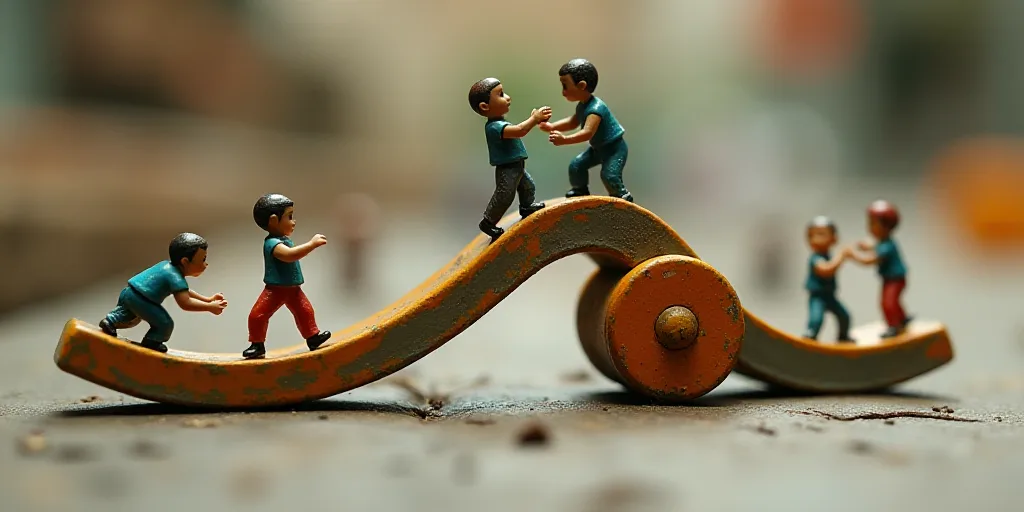 a group of miniature people playing on a slide and a slide with a logo in the background of a photo,