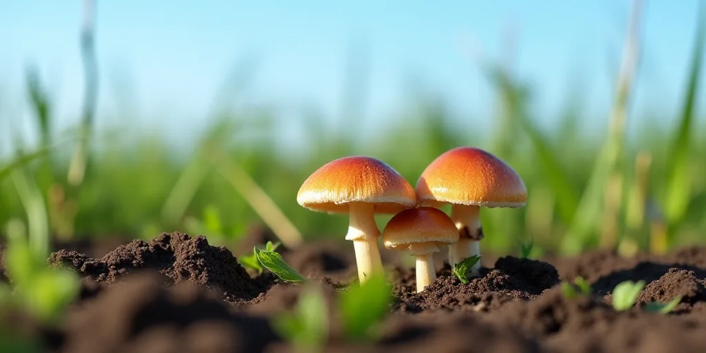 a group of mushrooms growing in the dirt in a field of green plants and dirt on the ground, with a b