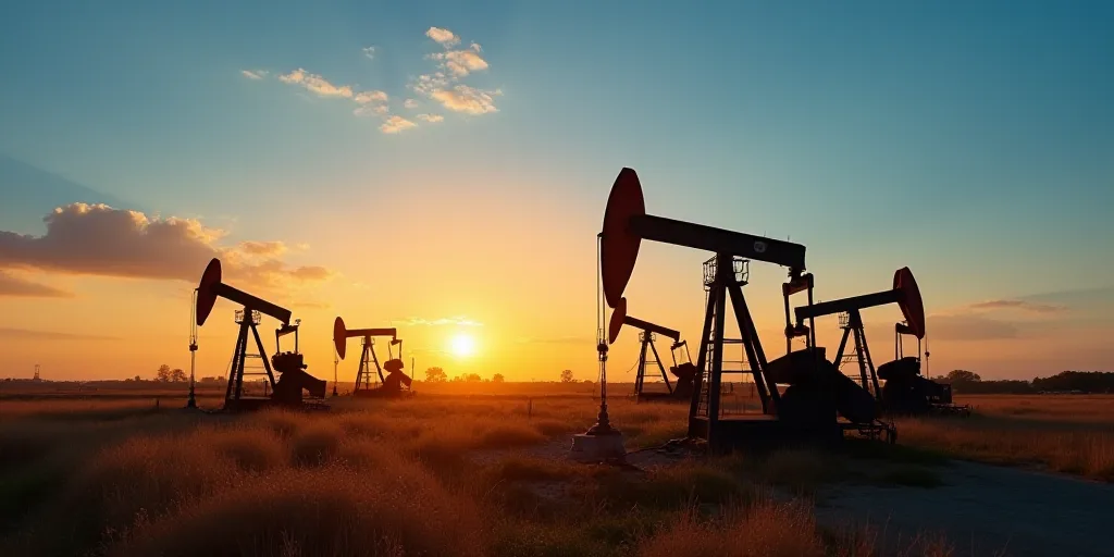 a group of oil pumps sitting next to each other on a field at sunset with a blue sky in the backgrou