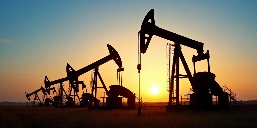 a group of oil pumps sitting next to each other on a field at sunset with a blue sky in the backgrou
