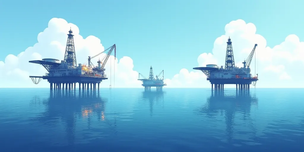 a group of oil rigs in the middle of the ocean with a sky background and a few clouds, Bascove, oil,