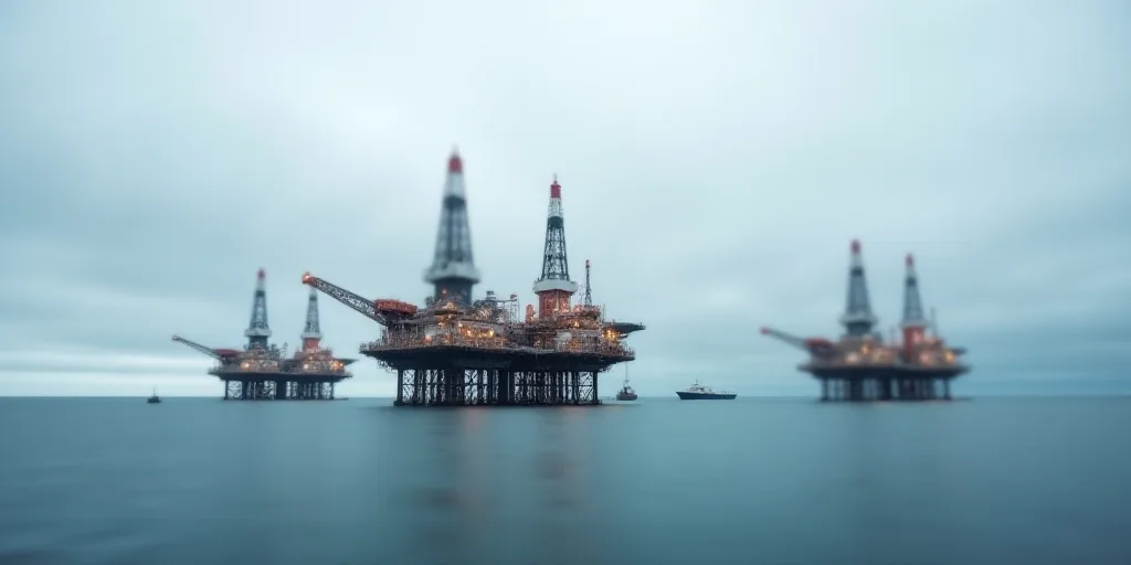a group of oil rigs in the middle of the ocean with a boat in the background on a cloudy day, Bascov