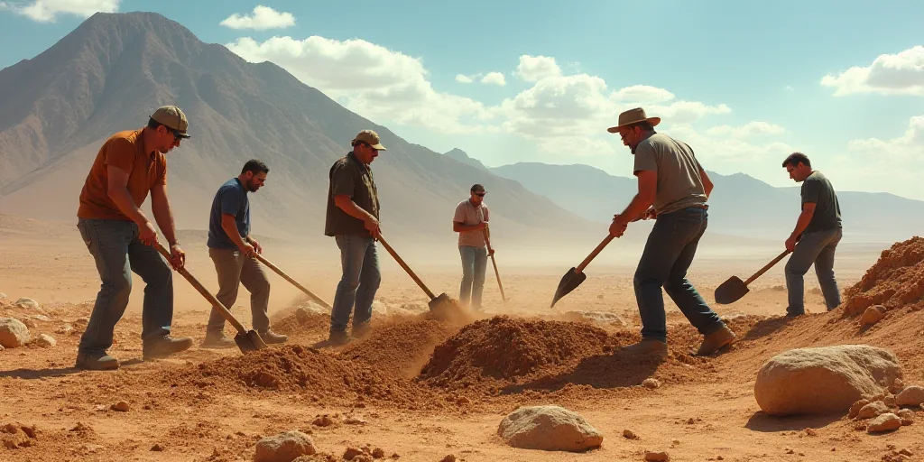 a group of people are digging in the dirt with a shovel and a stick in their hands, and a mountain i