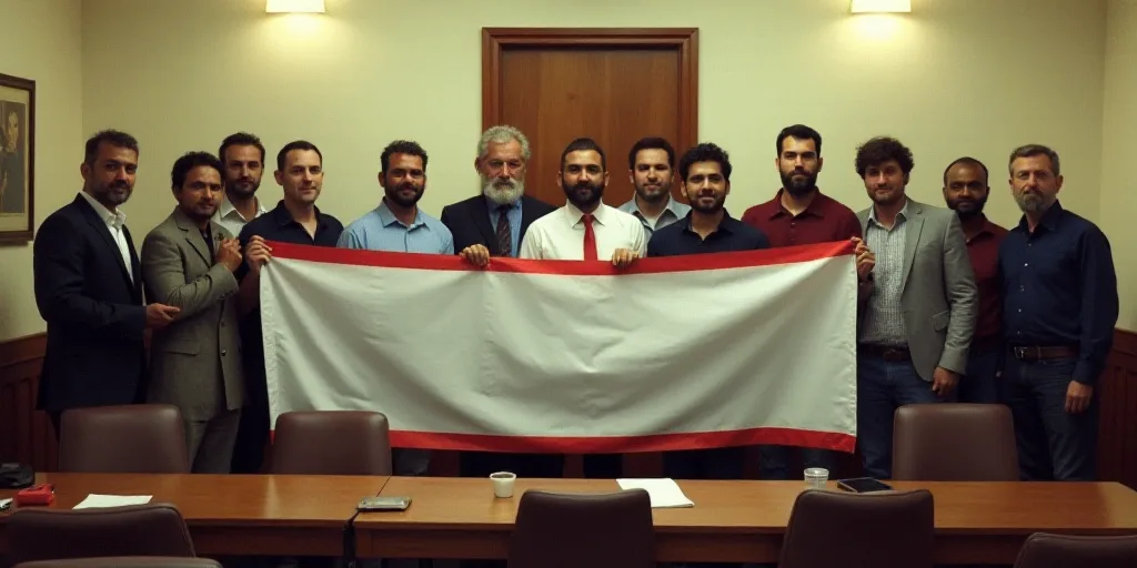 a group of people holding a banner in a room with chairs and a table in front of them and a man stan