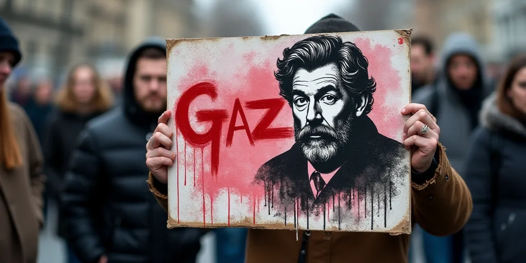 a group of people holding a sign with graffiti on it that says gaz on it and a picture of a man with