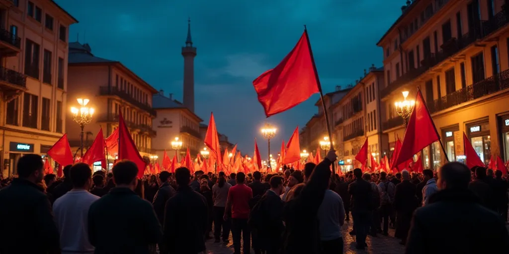 a group of people holding flags in the street at night time with buildings in the background and a b