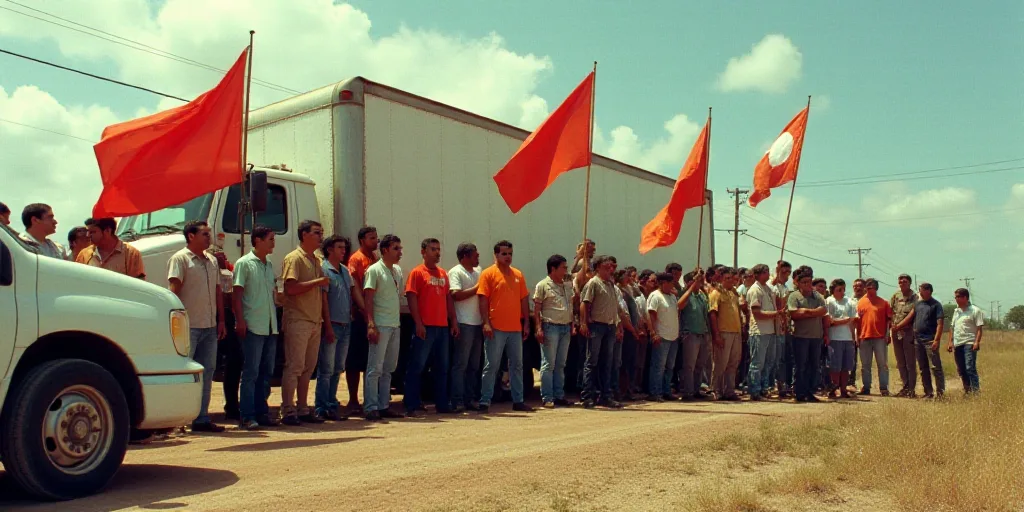 a group of people holding flags standing in front of a truck with a truck in the background and a ca