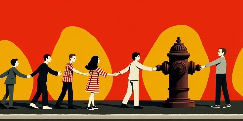 a group of people holding hands over a fire hydrant with a red background and a red and yellow backg
