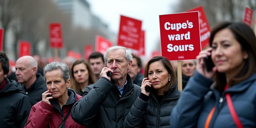 a group of people holding signs and talking on cell phones in a protest for cupe and emergency servi