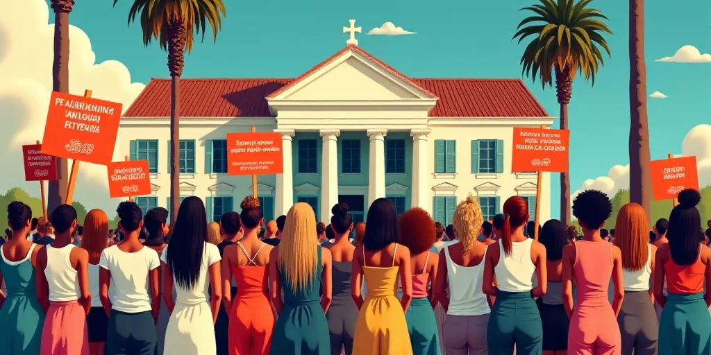 a group of people holding signs in the street with a building in the background and palm trees in th