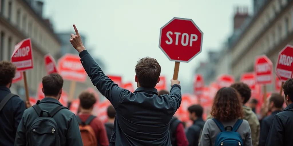 a group of people holding signs and pointing at something in the air with one person holding a stop