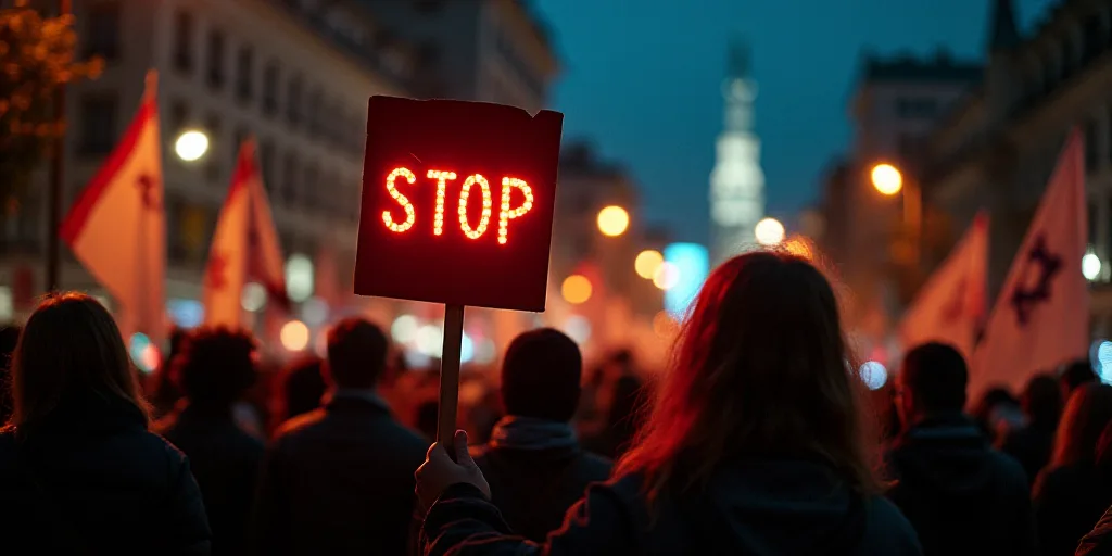 a group of people holding signs and flags in a protest area at night time with a sign saying stop, B