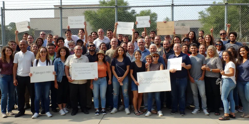 a group of people holding signs and posing for a picture together in front of a building with a fenc