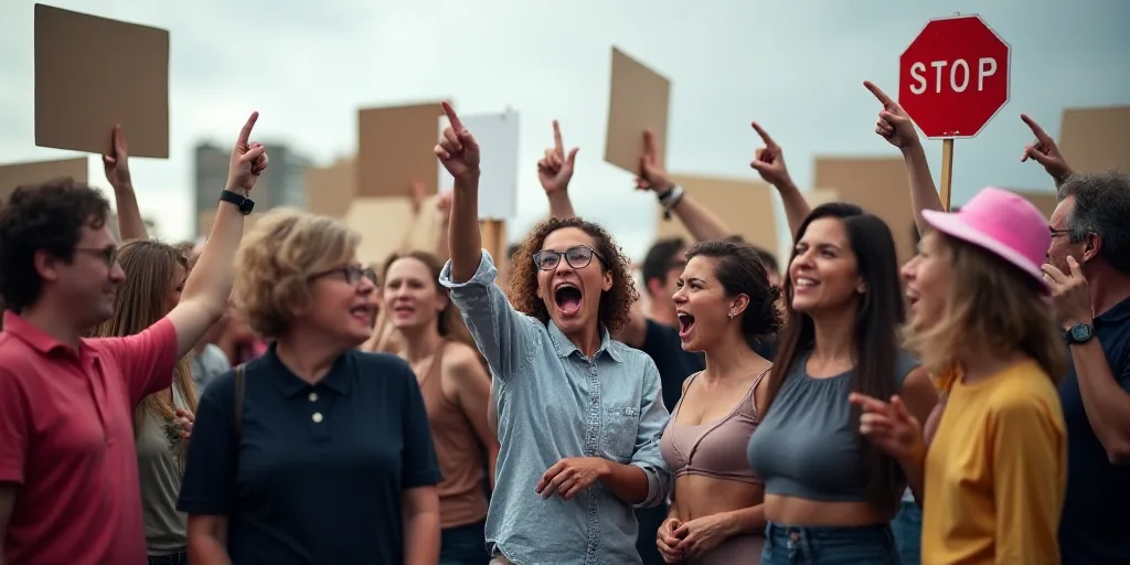 a group of people holding signs and pointing at something in the air with one person holding a stop