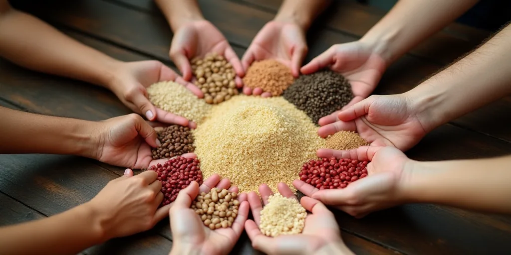 a group of people holding their hands together over grains of rice and beans in a circle on a wooden