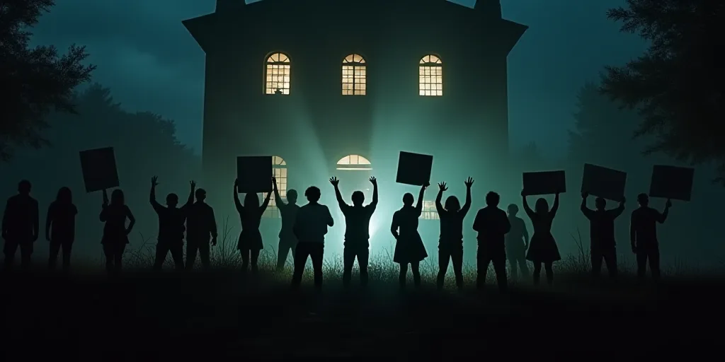 a group of people holding up signs on a stage with a building in the background at night time with l